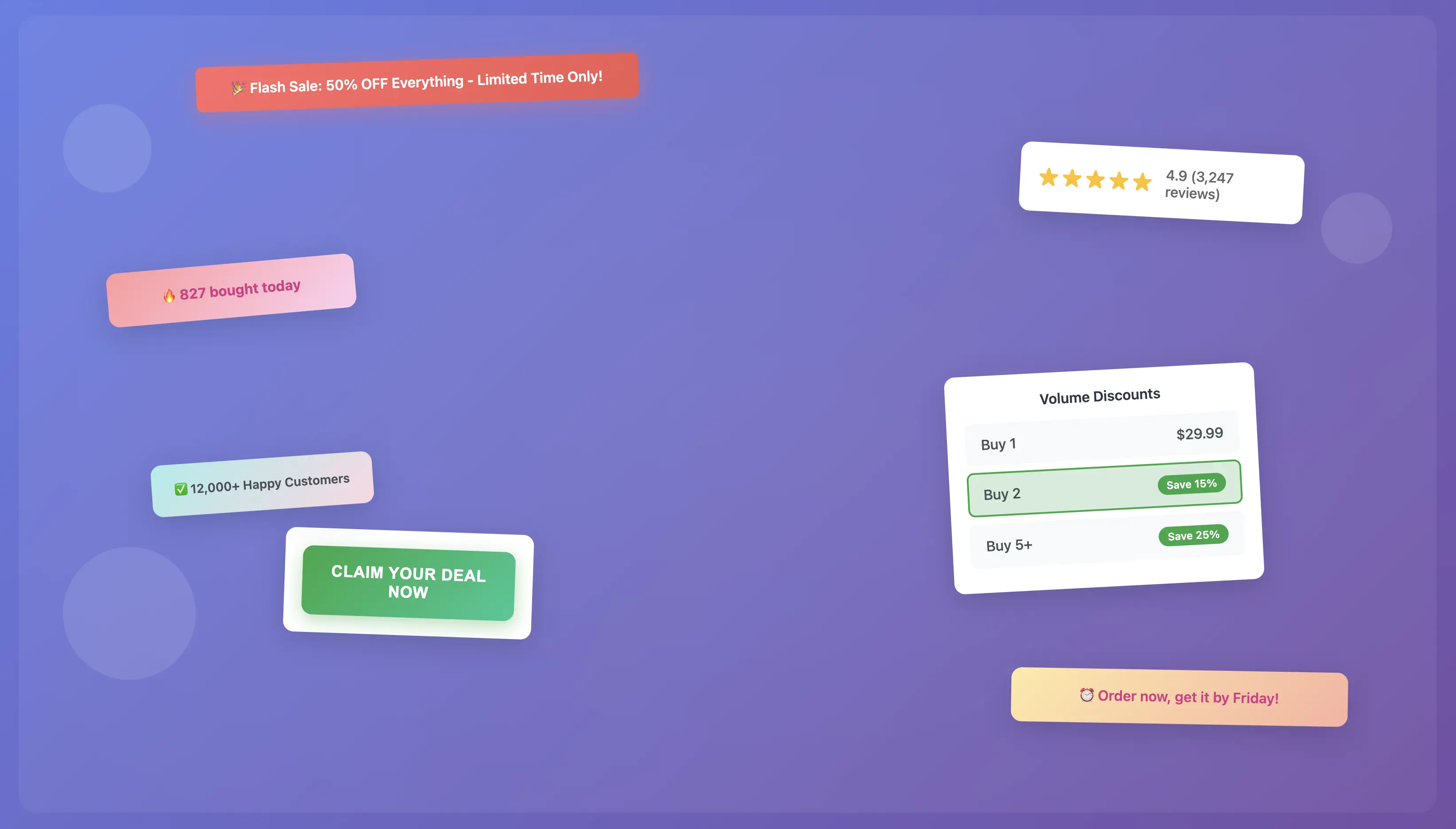 A screenshot of a high-converting product page with callouts for conversion tools like urgency timers and quantity breaks.