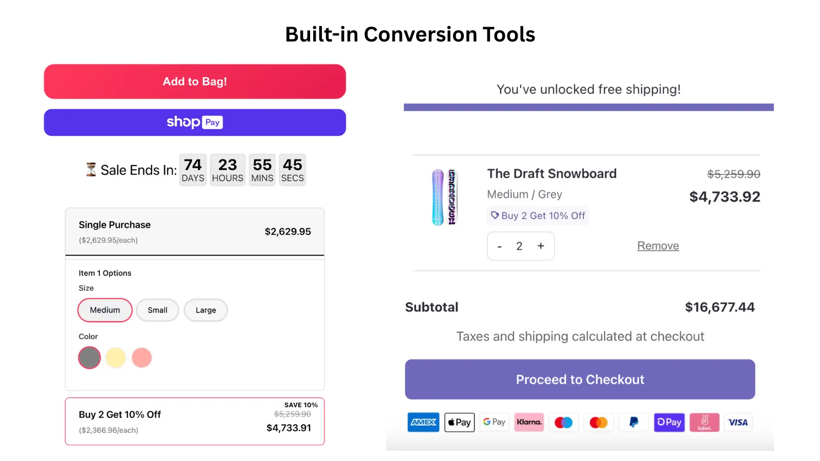A screenshot of a high-converting product page with callouts for conversion tools like urgency timers and quantity breaks.
